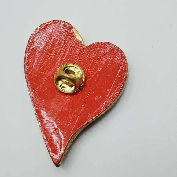 Handmade wooden heart pin brooch artisan crafted gift gold red tie - Picture 3 of 4
